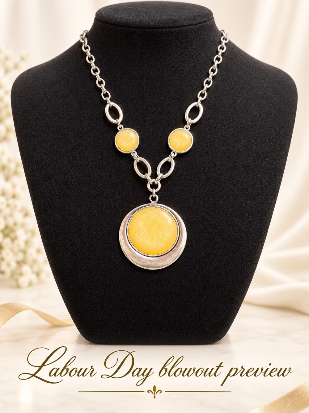 Gold Chain Necklace with Butter Faux Druzy Stone Pendant - Women Jewelry